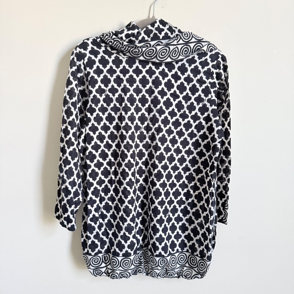 Gretchen Scott Black White Quatrefoil Cotton Cowl Neck Tunic Bubble Hem Top L - Picture 4 of 5